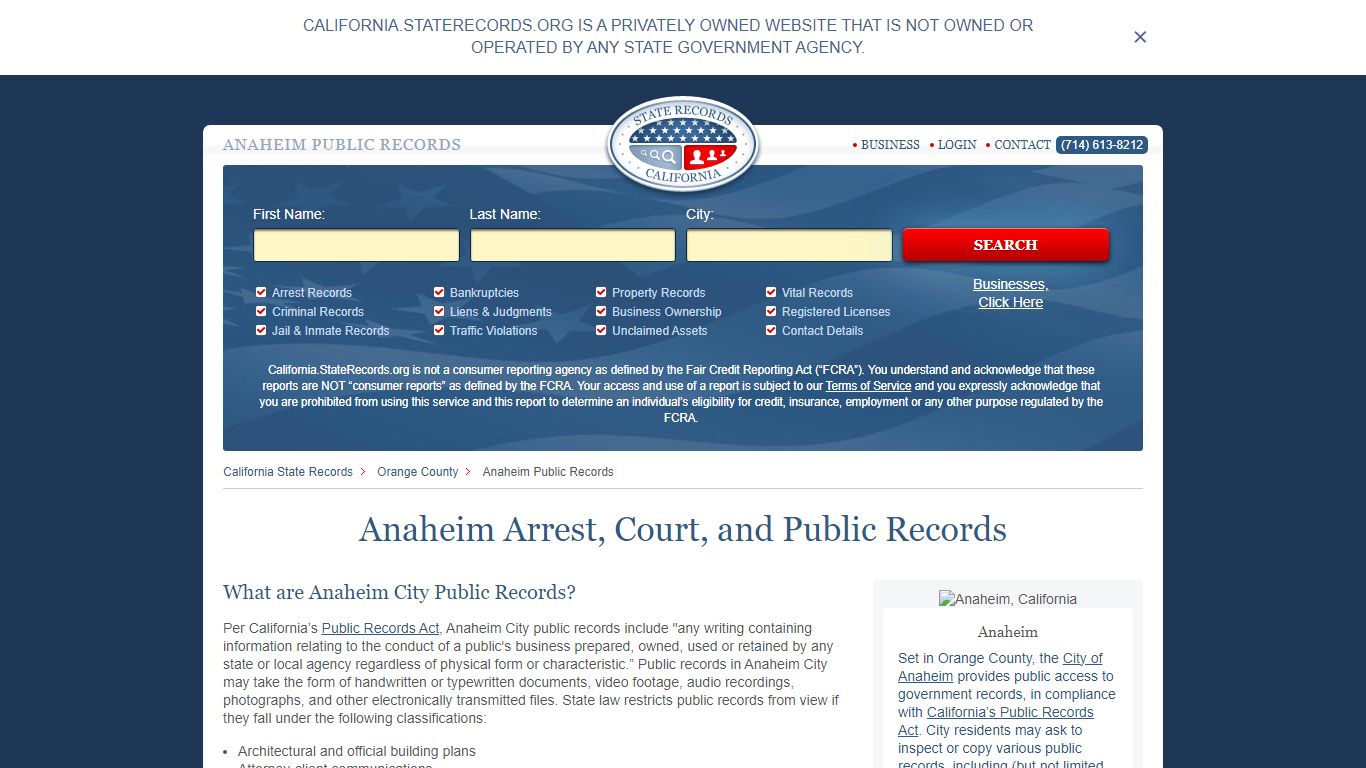 Anaheim Arrest and Public Records | California.StateRecords.org